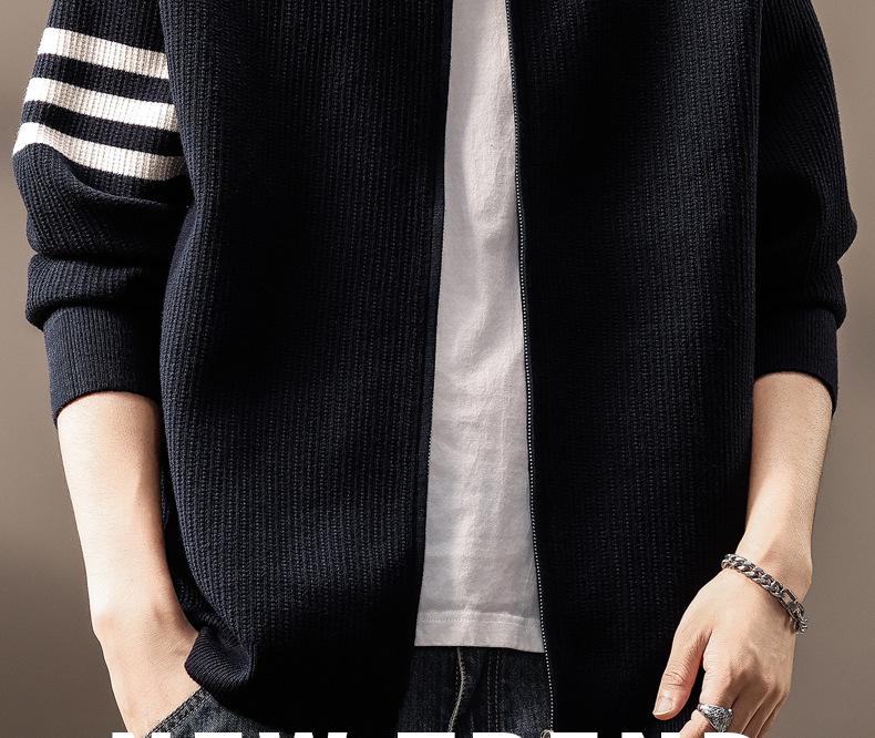 High-End American Trendy Men's 2025 Autumn/Winter Three-Stripe Knit Stand Collar Cardigan Sweater