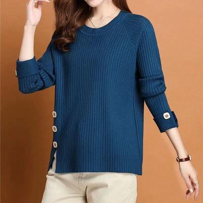Fall/Winter Women's Crewneck Sweater Loose Slit Knitwear Pullover Solid Color Stretch Knit Top