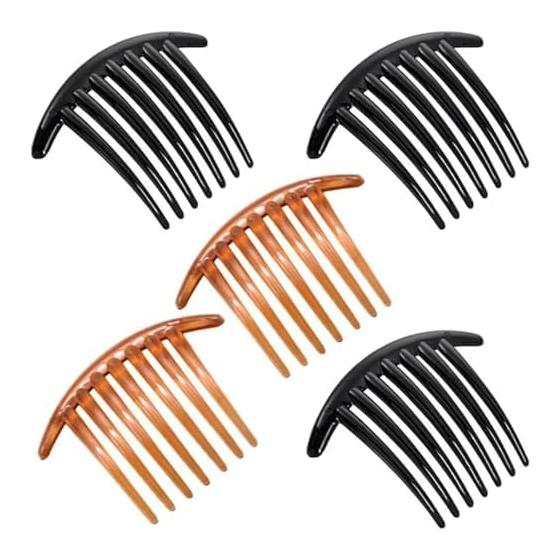 Hair Comb 7-Prong U-Shaped Hairpin for Updos, Ponytails, and Braids - 5 Piece Set, Approx. 11cm Length, 7cm Width - Black & Coffee Brown -