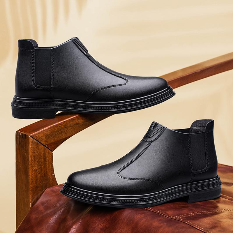 FashionGenuine Leather Men's Chelsea Boots Comfort Slip on Ankle Boots Fashion Elegantes Business Footwear Warm Plush Fur Winter Botas