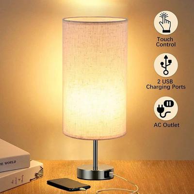 Lampes de table modernes Abat-jour en tissu imitation bois Double ports USB Lampes de table de chevet tactiles à intensité variable à 3 vitesses Table de salon d'étude