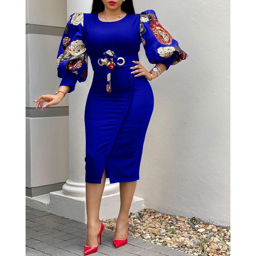 Plus Size Femei Fashion Slim Floral Midi Rochie Maneca Lantern Rochii de petrecere de seara