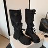 Mode Neuer Stil Damen Weitschaft Stiefel mit Schnürung vorne Damen Runde Zehenpartie Wildleder Metallgürtelschnalle Weich Schlupf Anti-Verschleiß Einzelstiefel