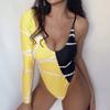 Sexy Women Single Sleeve One-piece Swimsuit Yellow Black Patchwork Bikin Irregular Oen Piece