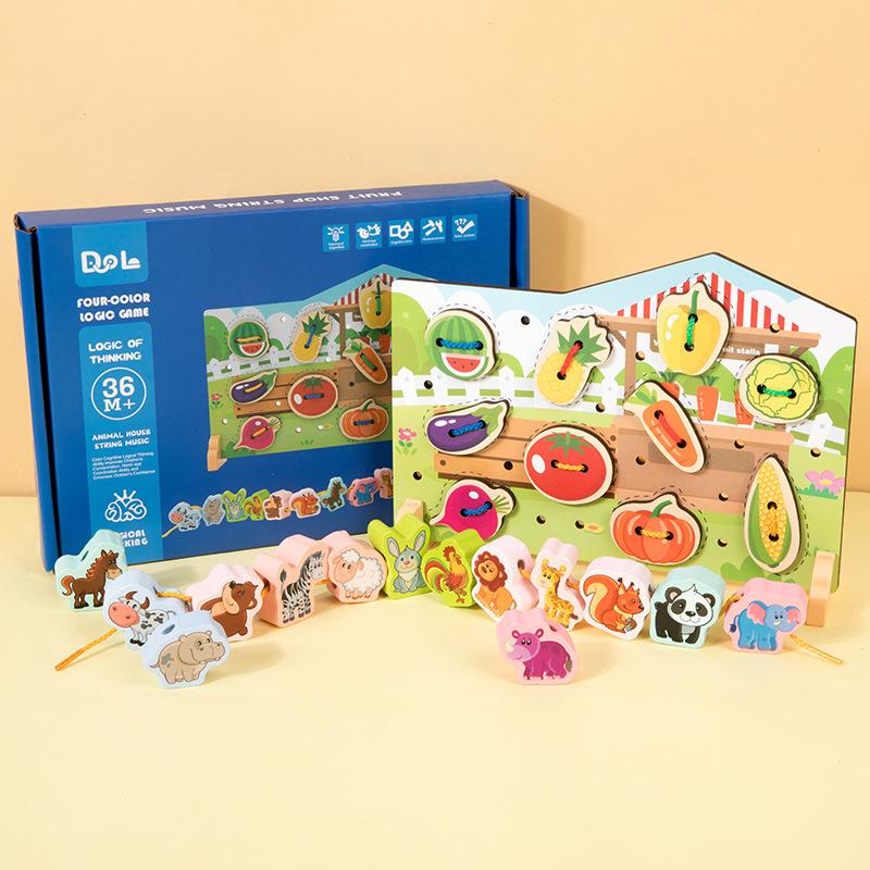 Children'S Wooden Early Education Cartoon Threading Board Animal Beaded Two-In-One Pairing Educational Cute Fun Toy