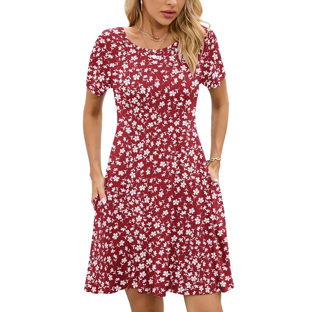Women's Fashion Spring And Summer Round Neck Printed Short Sleeve Large Swing Dress