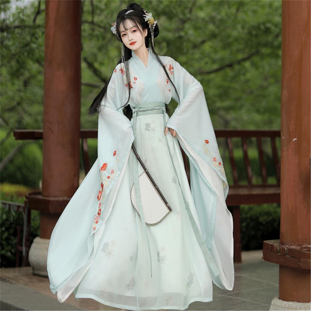 Chinese Wei, Jin, Southern And Northern Dynasties Style Hanfu For Women Wide Sleeves, Waist-length Cross-collar One-piece Skirt Modified Suit