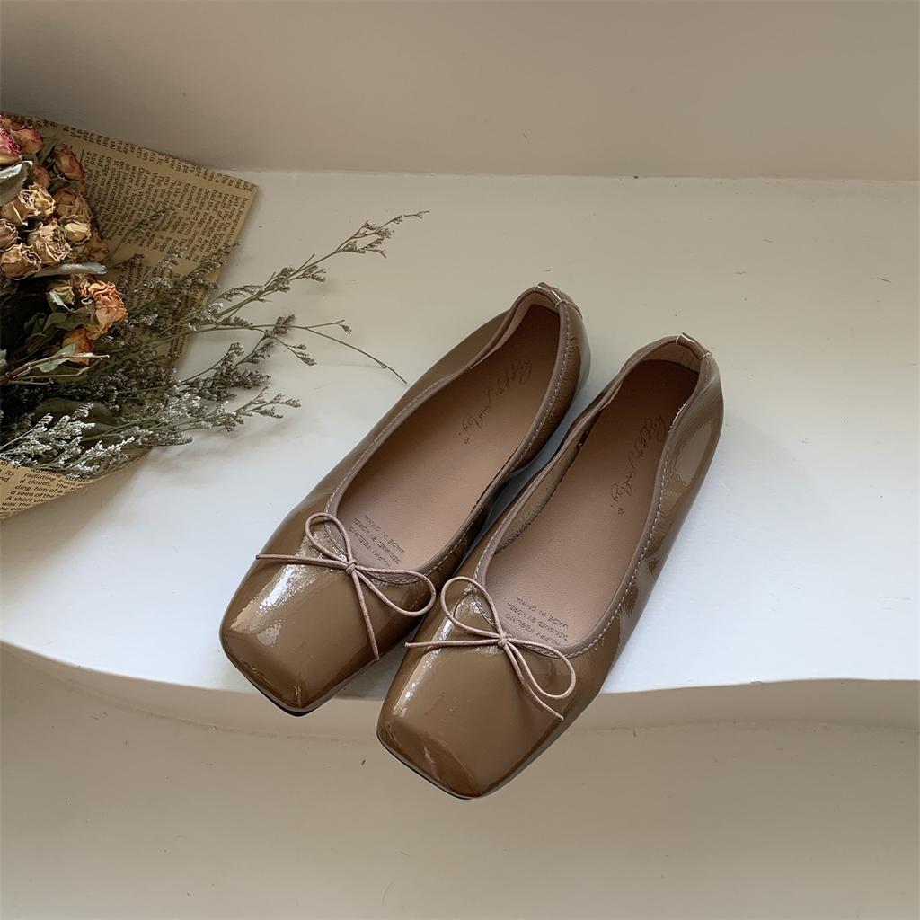 Fashion Japanned Square Toe Bowtie Ballets Shoes Ladies Soft Roll-Up Flats Loafers Barefoot Mocassines Woman Slip On Office Dress Shoes