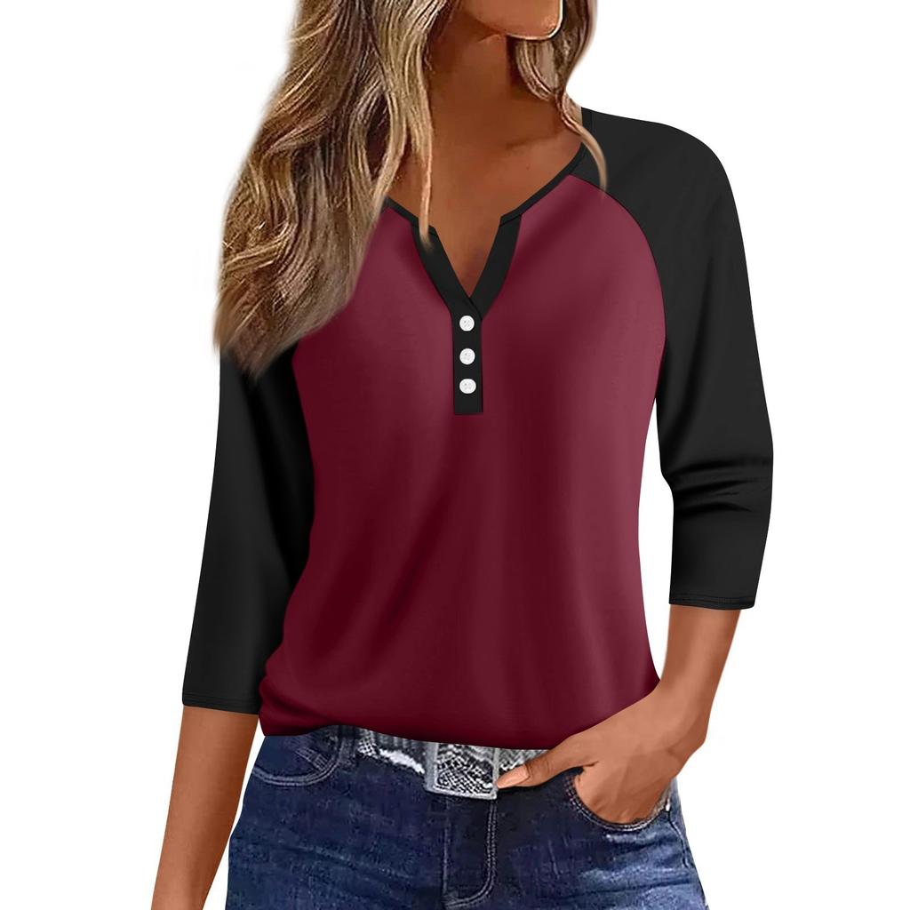 Women's Fashion Casual Raglan Sleeve Colorblock V-Neck Three-quarter Sleeve Decorative Button T-shirt Top