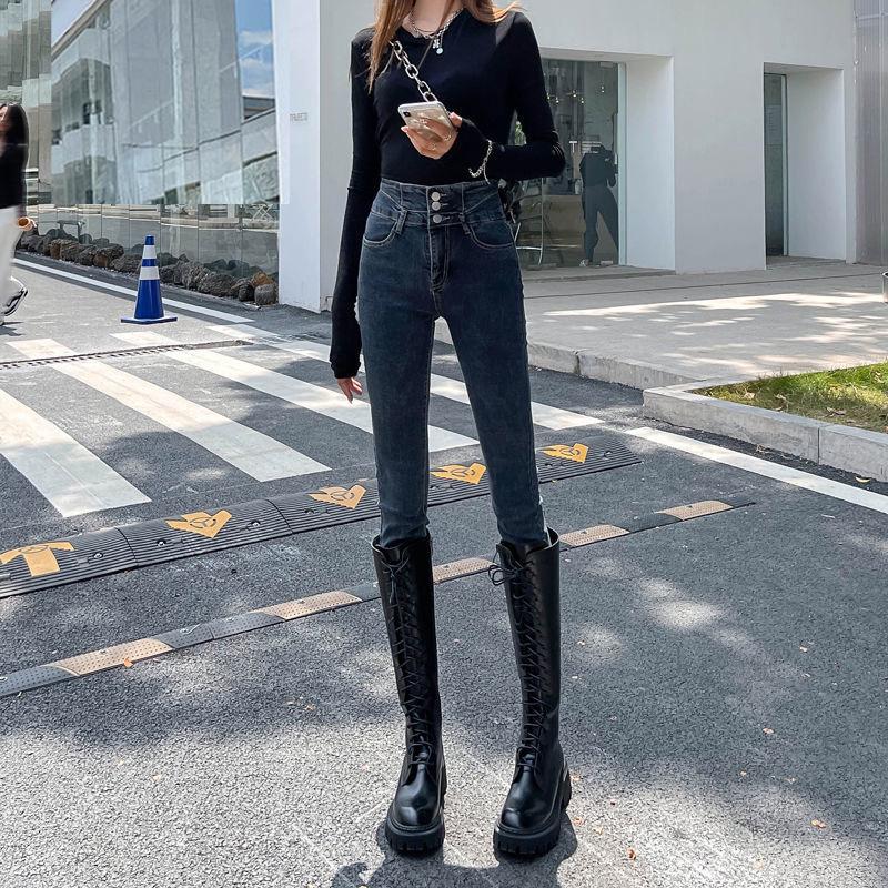 Blue-Gray Stretchy High Waist Skinny Jeans - Butt-Lifting, Tummy-Control, Leg-Lengthening, Slimming Cropped Pencil Pants for Women