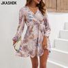 Women's Fashion Spring Fall Flower Pattern Print Long Sleeve V-Neck High Waist Casual Dresses