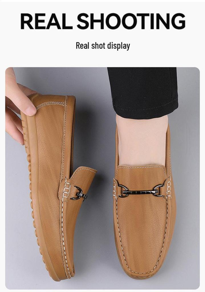 Men's Small Casual Leather Slip-on Shoes, Soft Sole, Breathable, Handmade, Large Size Driving Shoes.