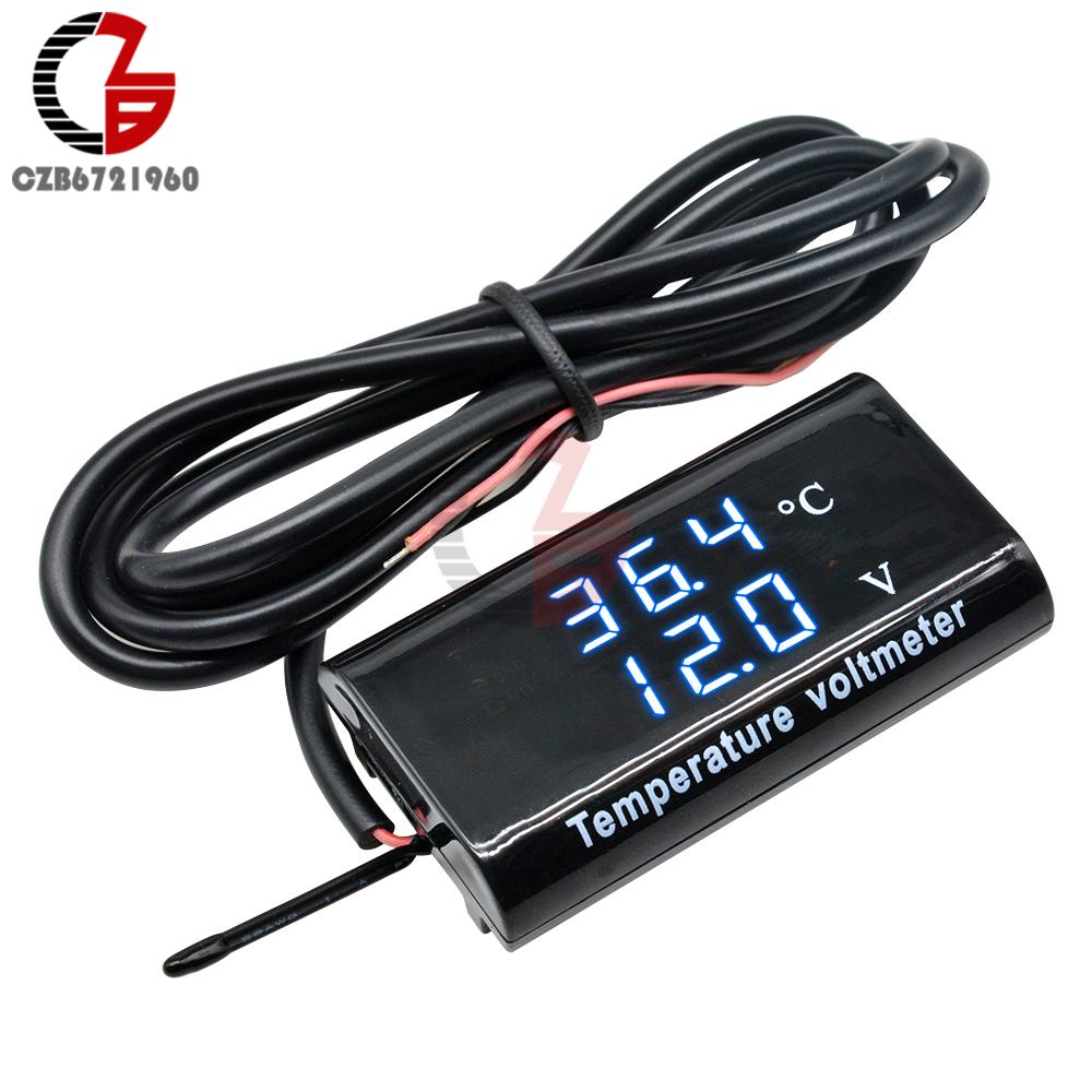DC 12V Digitaler Temperatur-Voltmeter-Messgerät IPX6 Wasserdicht für Boot Motorrad 0,28 Zoll LED-Anzeige Volt Spannungsmesser Batterie