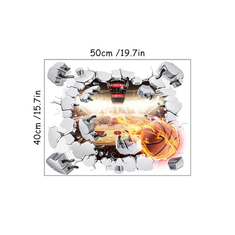 Creatieve Sport Poster 3D Vlam Basketbal Gebroken Muur Gat Kunst Vinyl Muurschildering Stickers Zelfklevend Huisdecoratie Voor Kinderkamer (as the picture,50x40cm whole one)