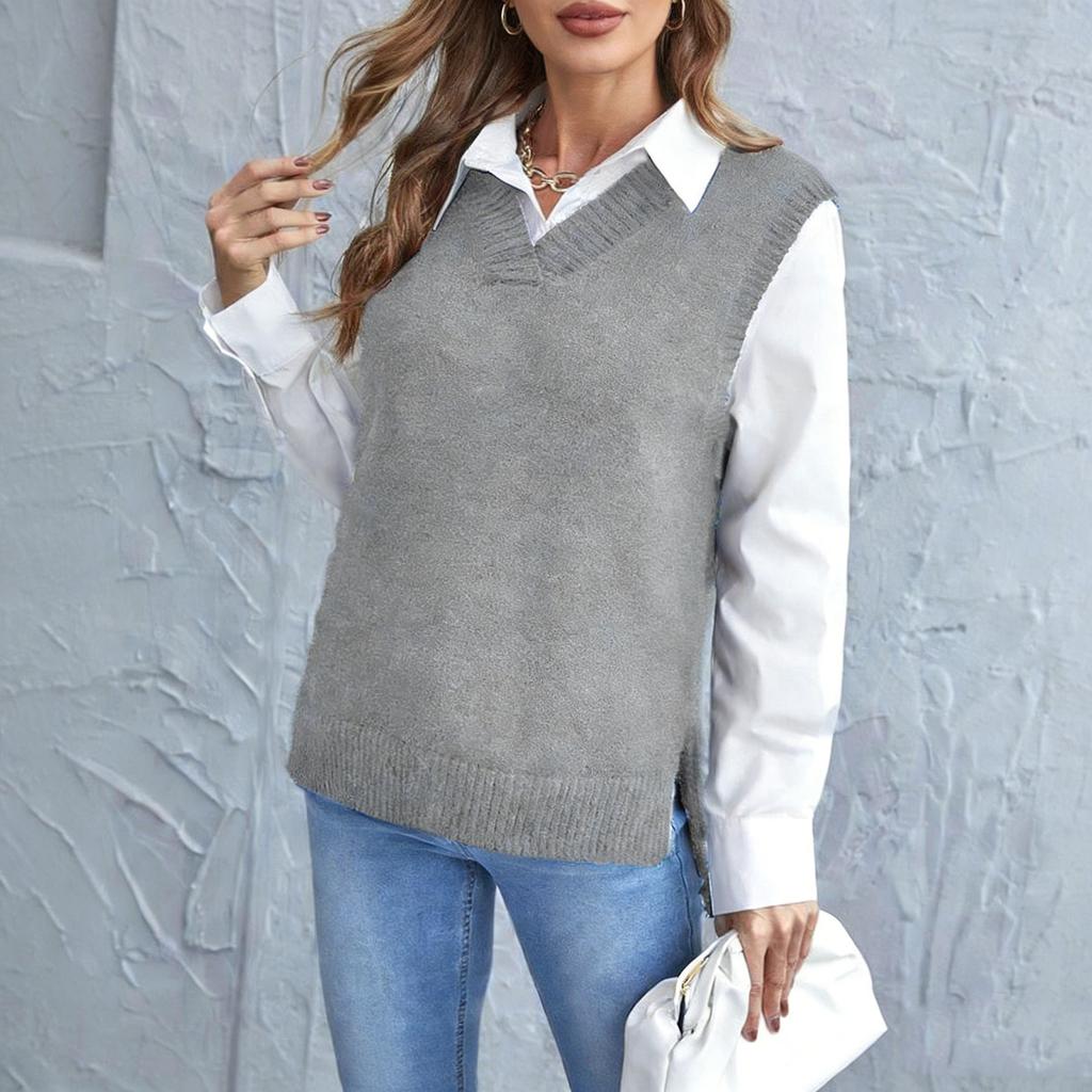 Women's Color Knitted Fashion Vest Casual V-neck Base Sweater