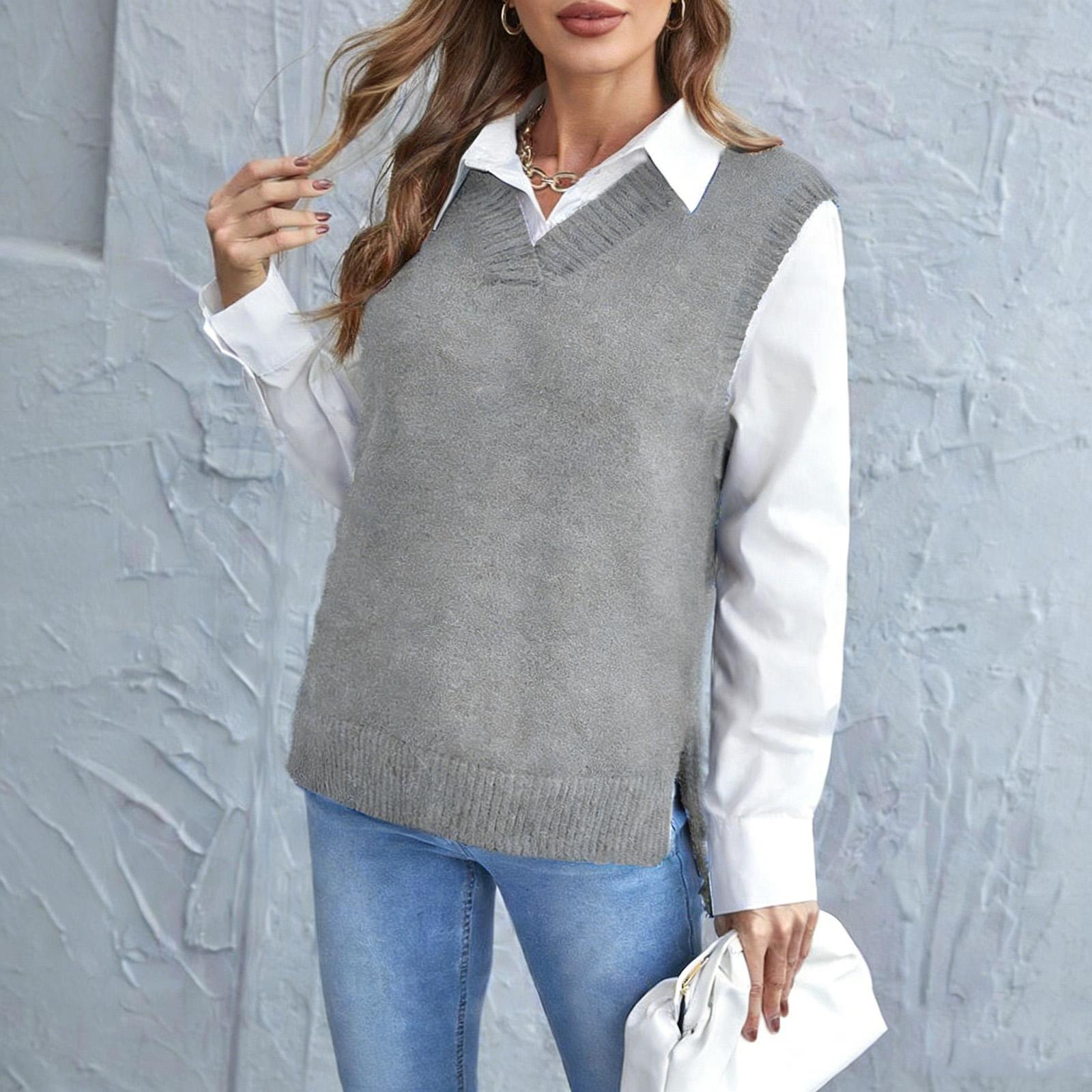 Women s Color Knitted Fashion Vest Casual V-neck Base Sweater XL