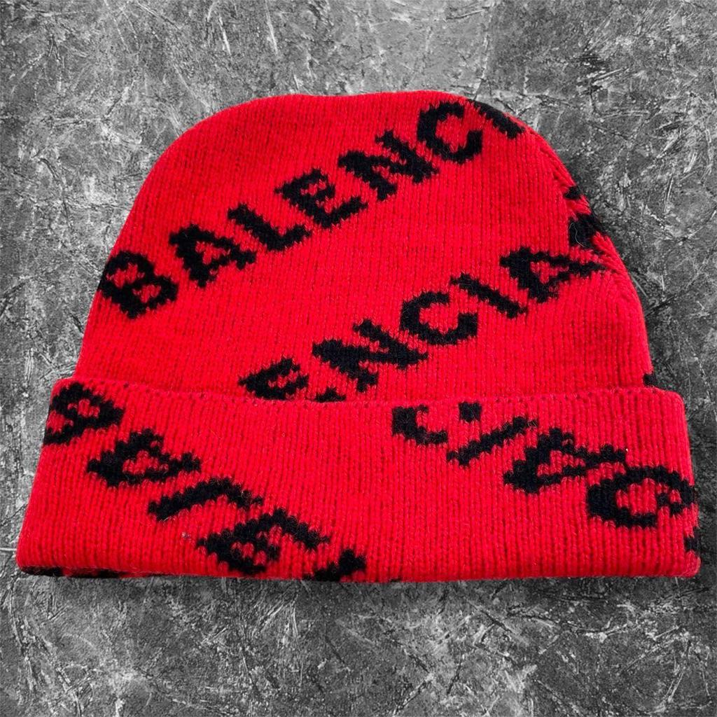 Used [Popular In Good Condition] Authentic, Authenticated, Balenciaga Logo, All-over Pattern, Beanie Cap, Knit Cap, Hat, Red X Black