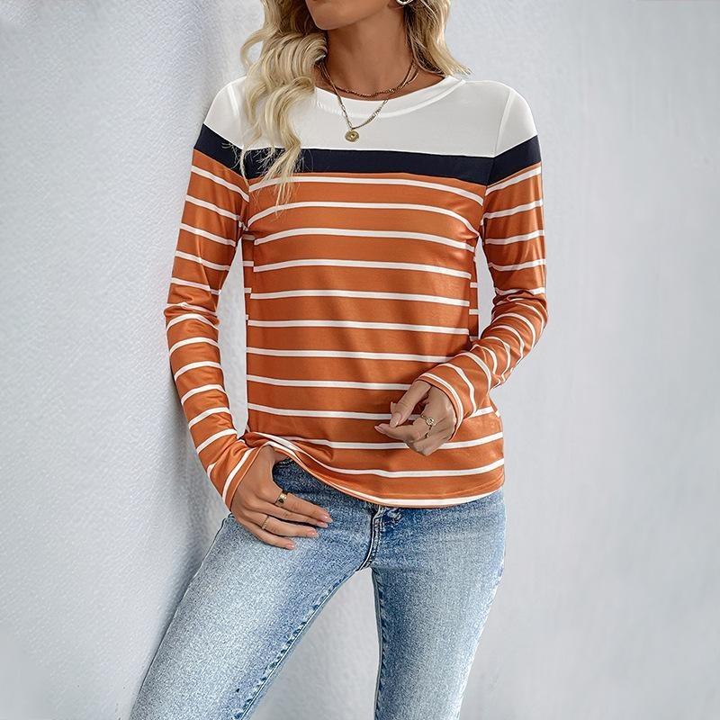 Leopard Striped Print Autumn Long Sleeves Women's T-shirts Fashion Casual Tops Daily Loose Crew Neck Women Clothing
