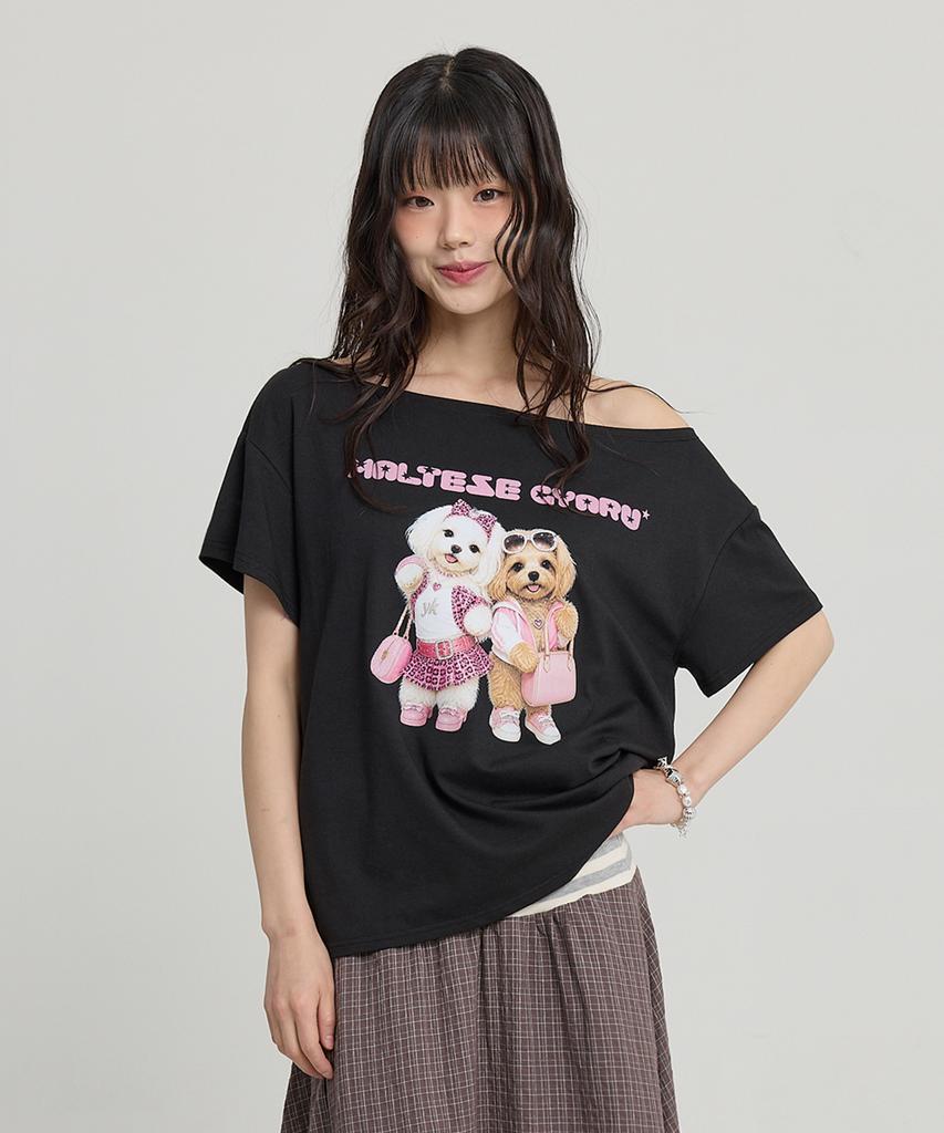WAIKEI Maltese Gyaru Off-Shoulder T-Shirt Black