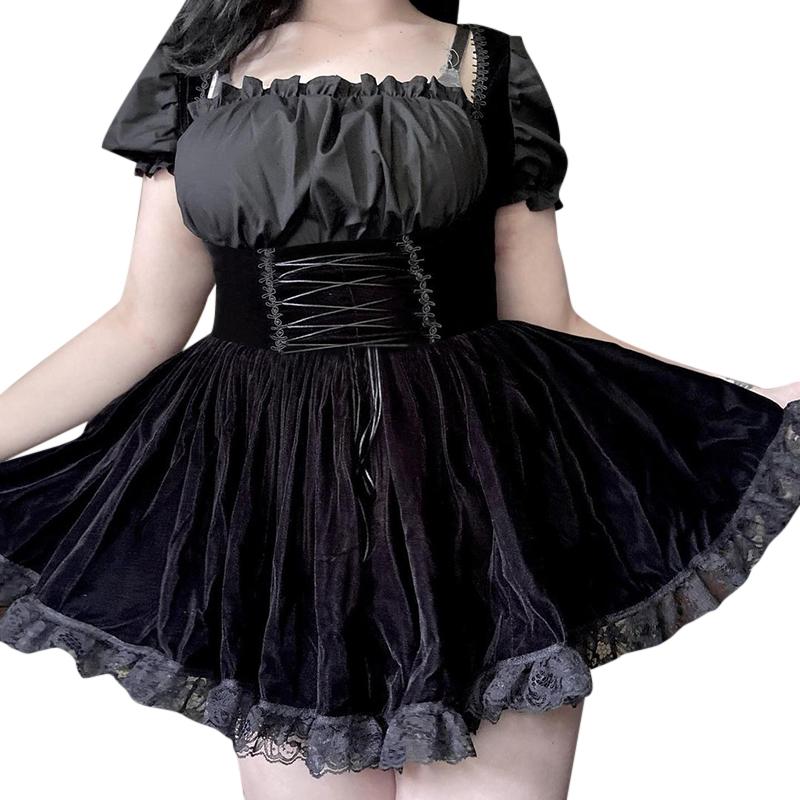 Gothic Vintage Black Lace Up Skirt Girl Croset Velvet Party Mini Skirts Streetwear