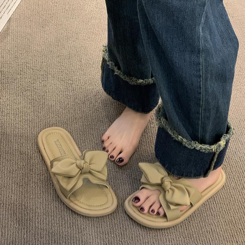 

Летние новые тапочки с открытым носком и плоской подошвой с бантом в сказочном стиле для ношения с юбкой, женские прохладные тапочки 40 хаки