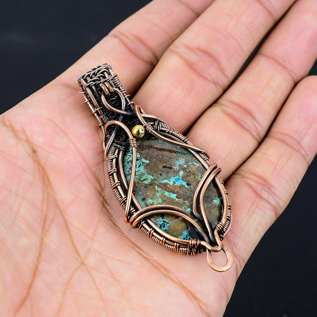 Amazing Azurite Gemstone Pure Copper Wire Wrapped Handmade Pendant Jewelry