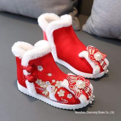 Bawełniane Buty Hanfu dla Dzieci z Podszewką z Polarowego Materiału - Styl Zimowy 2026, Tradycyjne Chińskie Haftowane Buty Kostiumowe dla Dziewcząt
