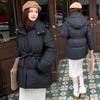 Women's Hooded Puffer Coat Belted Waist Zip Up Long Sleeve Thickened Winter Cotton Coat