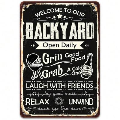 Vintage Retro Welcome Backyard Grill Tin Metal Sign Wall Decor Kitchen Bar