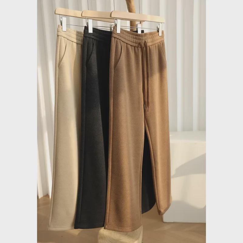 High-Waist Elastic Tweed Wool Pants - Autumn/Winter Women's Wide-Leg Straight Cut with Soft Drape