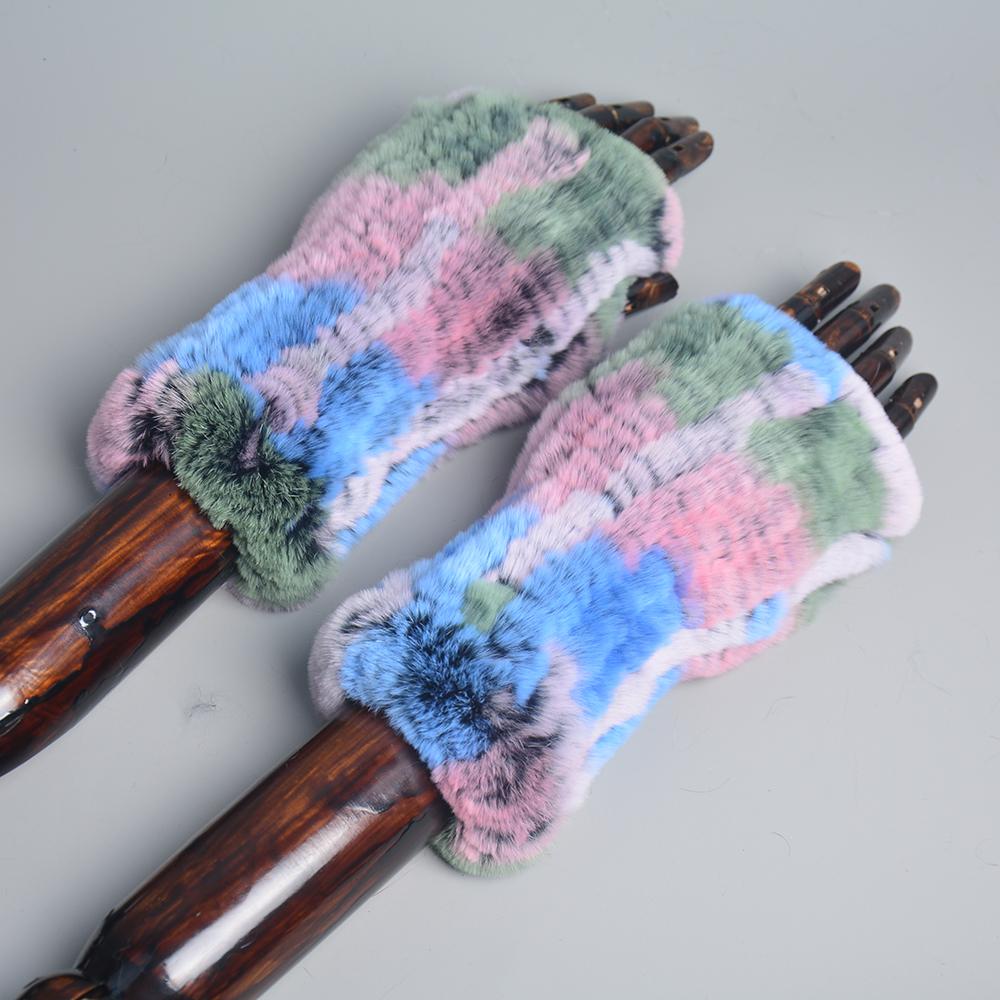 New Women 100% Real Genuine Knitted Rex Rabbit Fur Mittens Winter Warm Lady Real Fur Fingerless Gloves Handmade Knit Fur Mitten