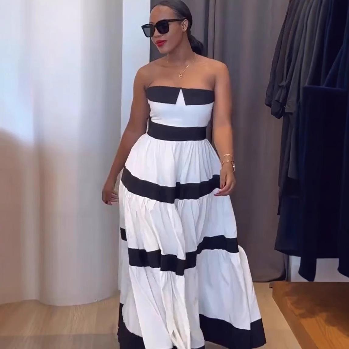 

Полосатое Макси-платье без бретелей с широкой расклешенной юбкой, Элегантное женское вечернее платье S белый