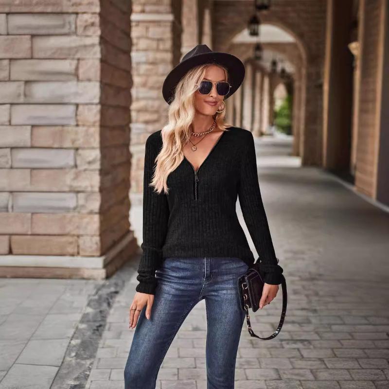 Pullovers Solid Color Pit Strip Abraded Casual V-neck Splicing Zipper Long-sleeved Bottoming Shirt