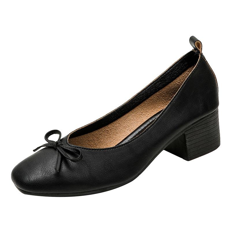 Leather V-mouth single shoes women's thick heel square head soft leather soft sole not tired feet bow retro commuter light mouth small leather shoes