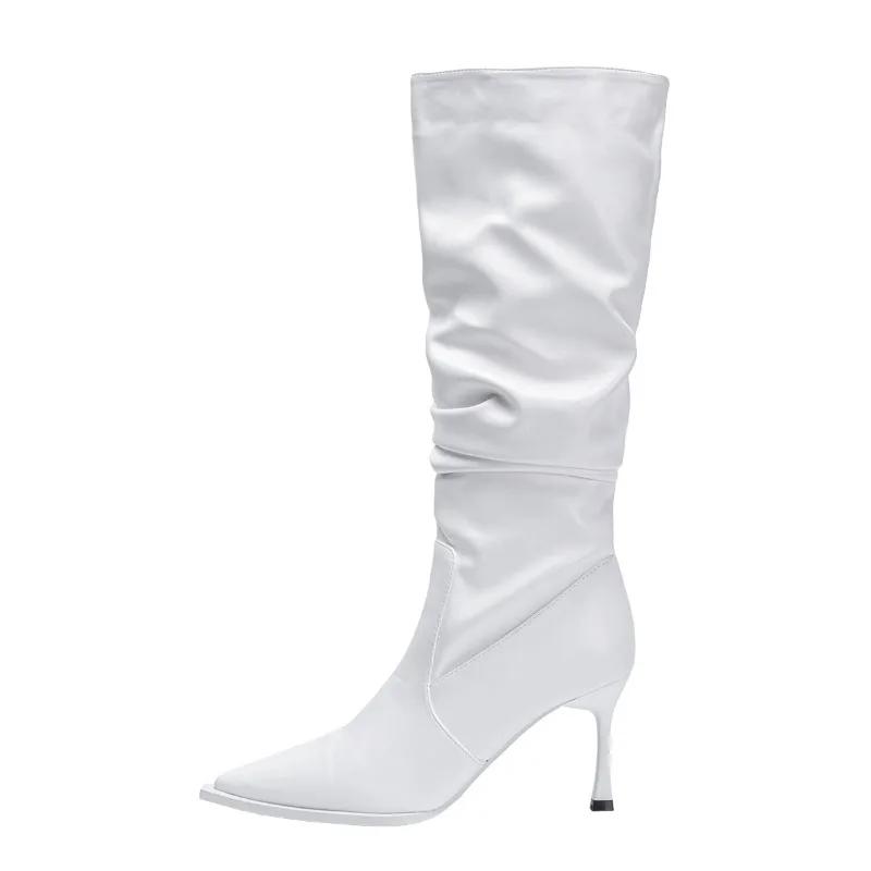 Women's High Barrel Retro Long Boots 2024 Autumn and Winter Knee Length Wrinkled Boots Slim Pointed High Heeled Leather Boots