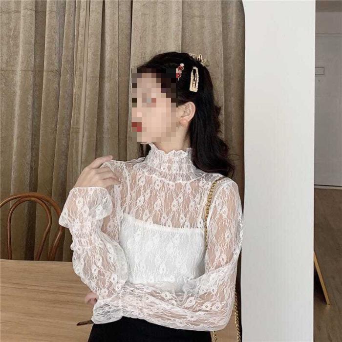 Black Long Sleeve Lace High Neck Mesh Top - Sexy Hollow-Out Fairy Chiffon Shirt for Women