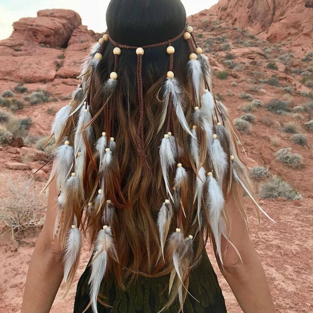 Fashion Tassel Feather Headband Beaded Adjustable Boho Style Headdress Ethnic Bohemian Rainbow Indian Headband Masquerade