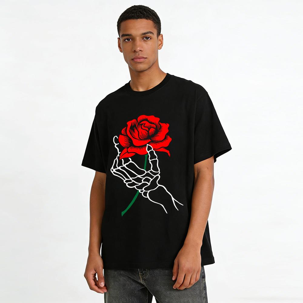 Vintage Rose Print Casual T-Shirt Unisex Loose Breathable Daily Top Pure cotton T-shirt