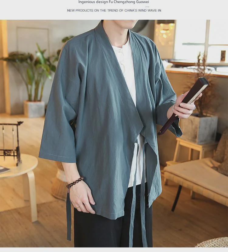 Men's Zen Buddhist Hanfu Jacket: Three-Quarter Sleeves, Slanting Collar, Summer Style, Ancient Chinese Tea Clothing, Cotton & Linen Taoist Robe.
