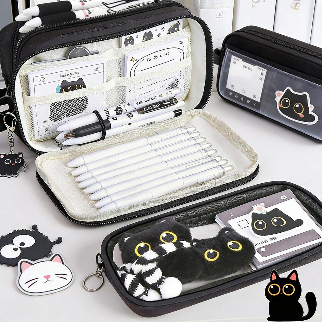 Set Astuccio Gatto Nero Carino Cancelleria Per Studenti E Bambini, Astuccio 2-in-1 Perfetto Regalo Rientro a Scuola