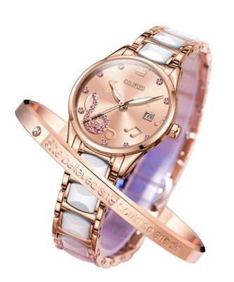 OLEVS Women's Pink Watch, Cute and Popular, Waterproof, Luminous, Rose Gold, Japanese Movement, Ceramic Bracelet, Easy-to-Read Date Display