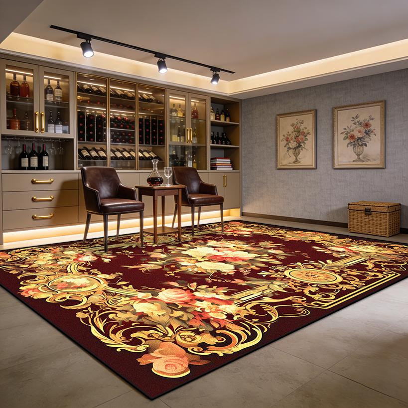 European Luxury Red Flower Fluffy Living Room Rug Easy Clean Soft Retro Tasting Area Carpet Large Area Non-slip Sofa Floor Mats