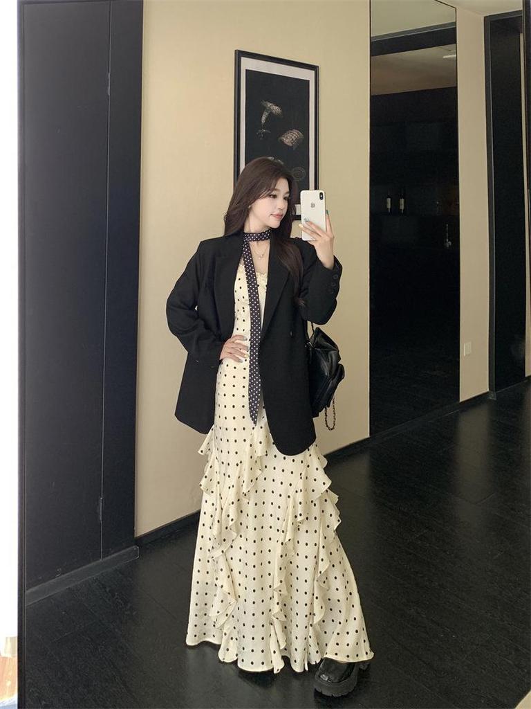 Elegant Plus Size Polka Dot Dress & Black Cardigan Set - Women's Spring/Summer Slimming Style