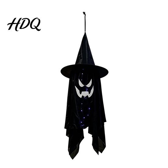Lighted Ghost Wizard Pendant for Yard Halloween Hanging Decor with Hat LED Light Up Outdoor Decorations Windsock Porch Yard Spooky Fabric
