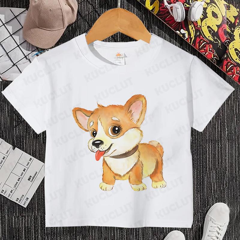 Sommer Kinder Top Corgi Print Kinder Kurzarm T-Shirt Mädchen Geburtstags T-Shirts Jungen Kleidung Lässiges O-Ausschnitt Shirt für Kind