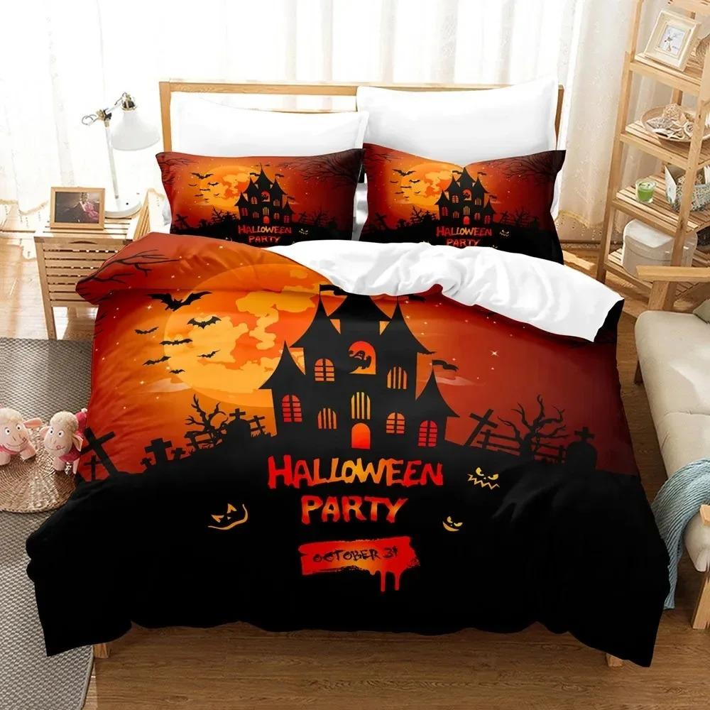 Comforter Halloween Bedding Set Kingqueen Size Cartoon Pumpkin Lantern Castle And Bat Dark Horror Night Polyester