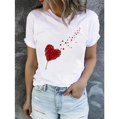 Europäische Größe Herz-Print Rundhals-T-Shirt, Lässiges Kurzarm-Oberteil für Frühling & Sommer, Damenbekleidung