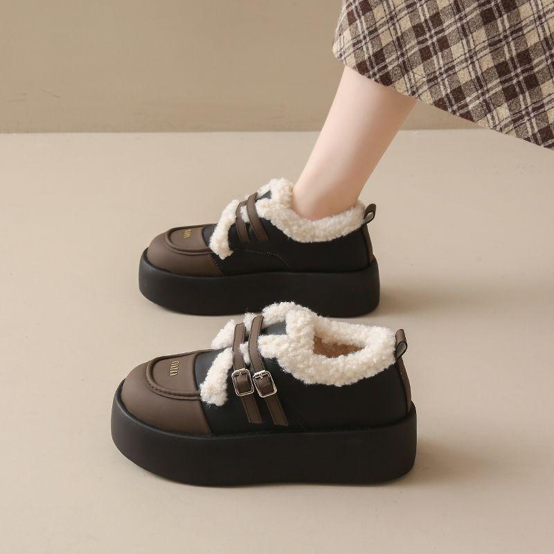 Dámské mokasíny na silné podrážce, kožené Mary Janes s velurovou podšívkou, podzimní/zimní teplé bavlněné boty, britský styl, off-white/černé.
