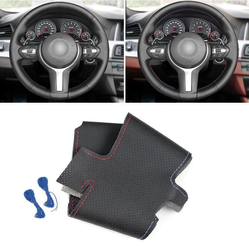 Black Leather Red Blue Line For BMW M Sport F30 F32 F36 F20 F10 F12 F45 F48 F15 F16 F25 F26 Car Steering Wheel Cover Hand Sewing