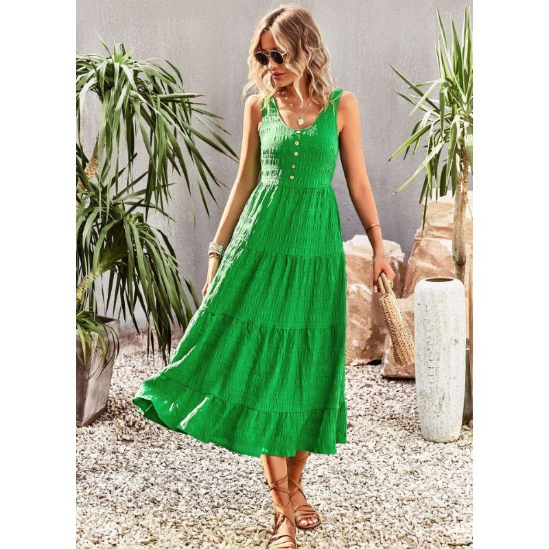 

YYFS женские модные летние весенние однотонные повседневные платья без рукавов с v-образным вырезом и высокой талией XL зелёный